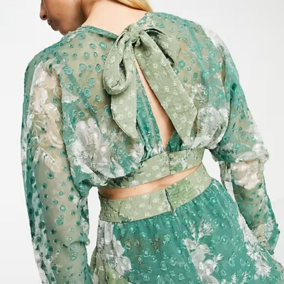 ASOS textured mixed green floral mini dress with ruffle hem Sz 4 fairy ethereal - Picture 3 of 11